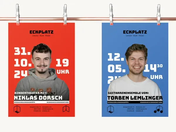 Eckplatz – Event-Poster in Rot und Blau hängend