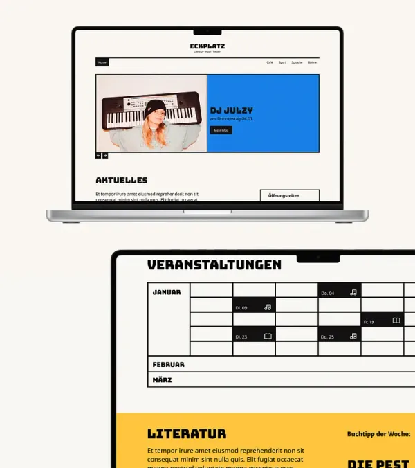 Eckplatz – Website-Mockup mit Homepage und Veranstaltungskalender